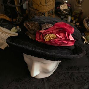 Vintage Velvet Derby Boater Style Hat Women's Black Floral Detail